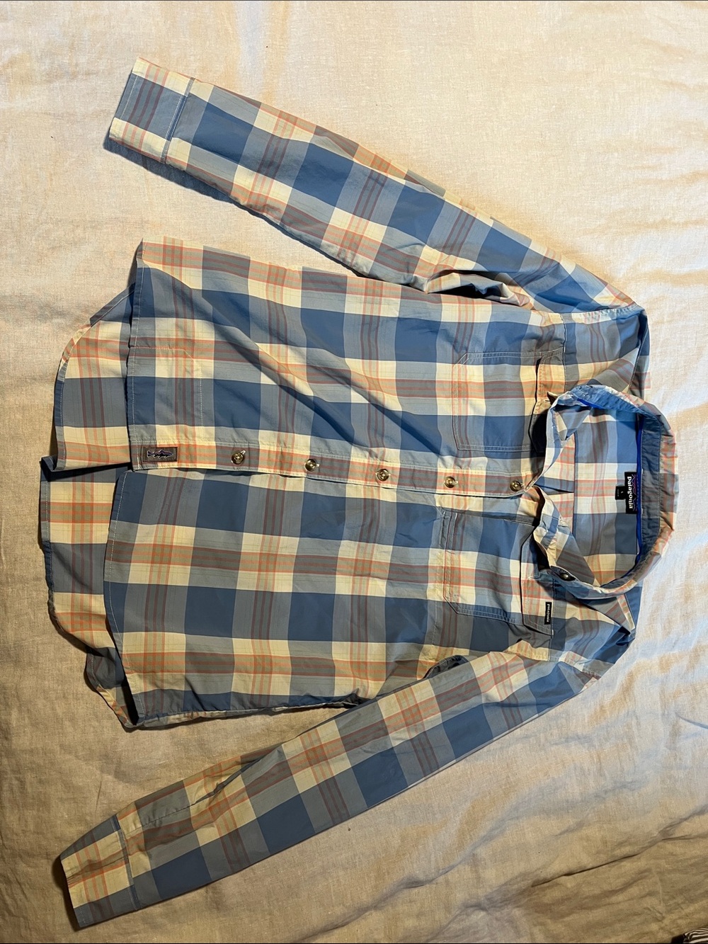 Patagonia Light Blue Plaid Button-Up Shirt Guide shirt
